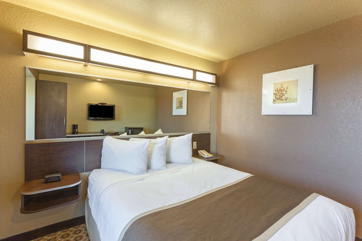 A hotel room with a bed, bedside table, lamp, mirror, artwork, and a television.