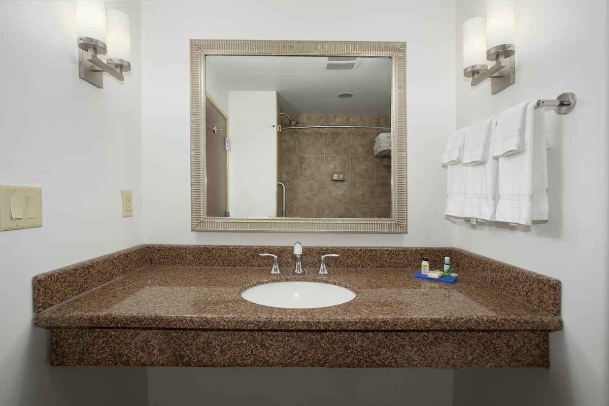 Un bagno con lavabo in granito, uno specchio grande e due lampade a parete.