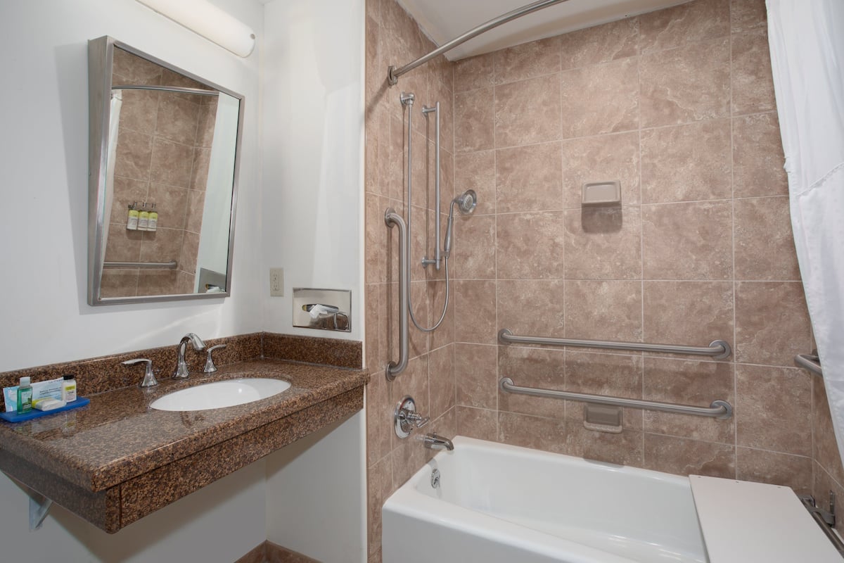 Un bagno con lavandino, specchio, doccia e maniglie di sostegno.