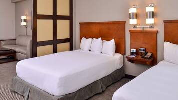 Desk, laptop workspace, blackout curtains, iron/ironing board