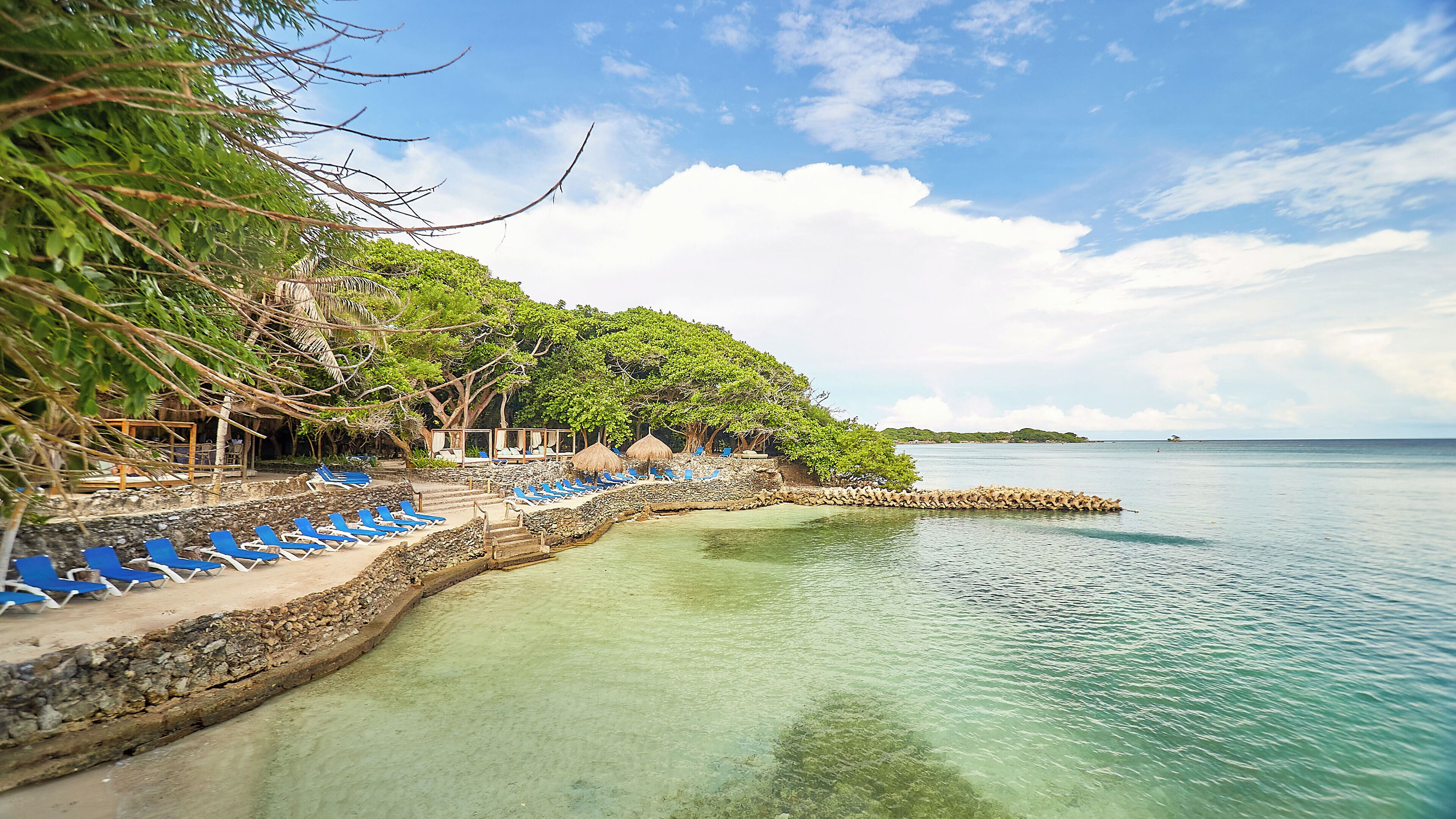 A beachside resort with a row of blue lounge chairs, a thatched-roof structure, and a clear view of the ocean.