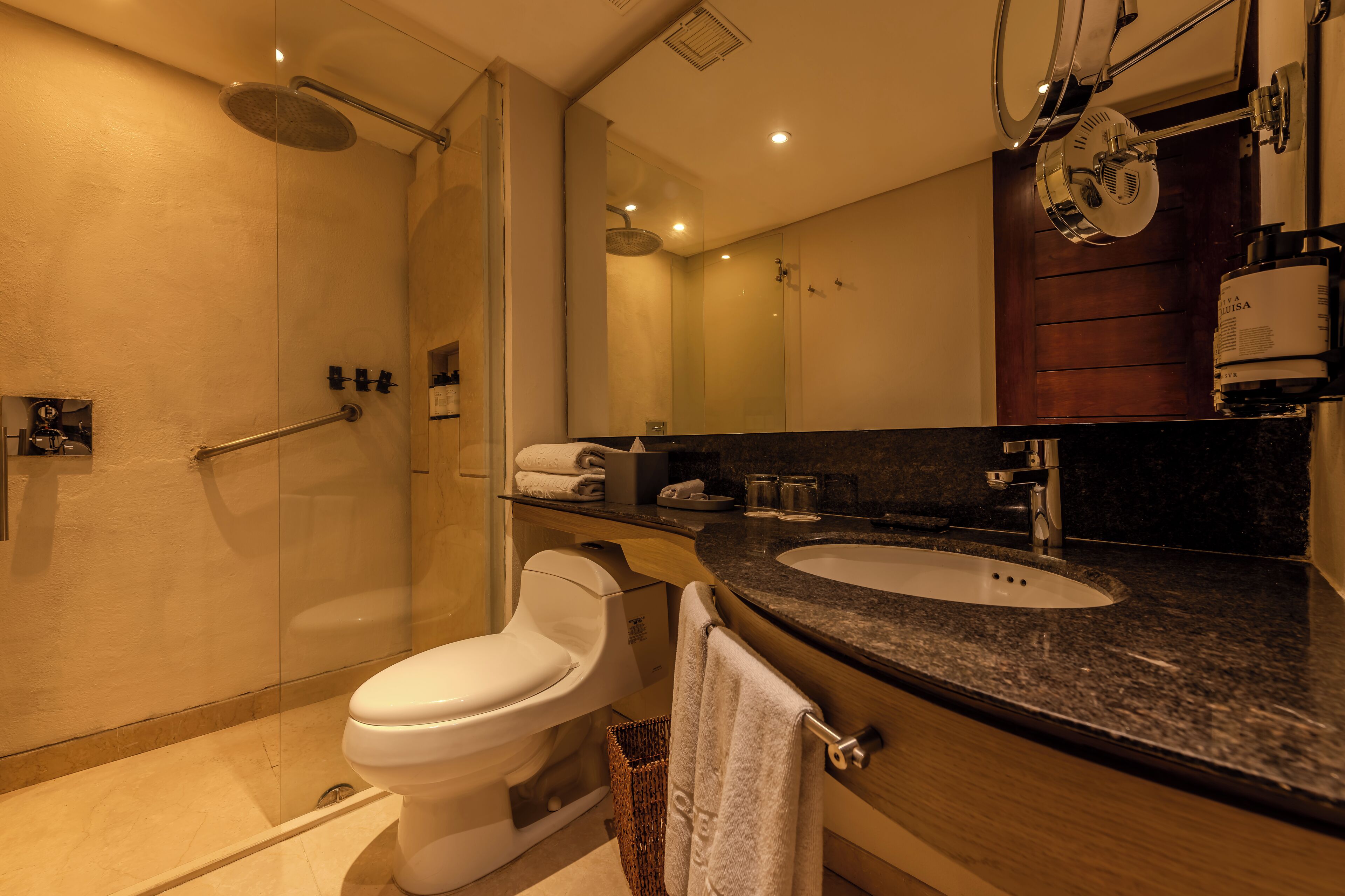 A modern bathroom with a glass-enclosed shower, a white toilet, a sink with a dark countertop, and a large mirror.