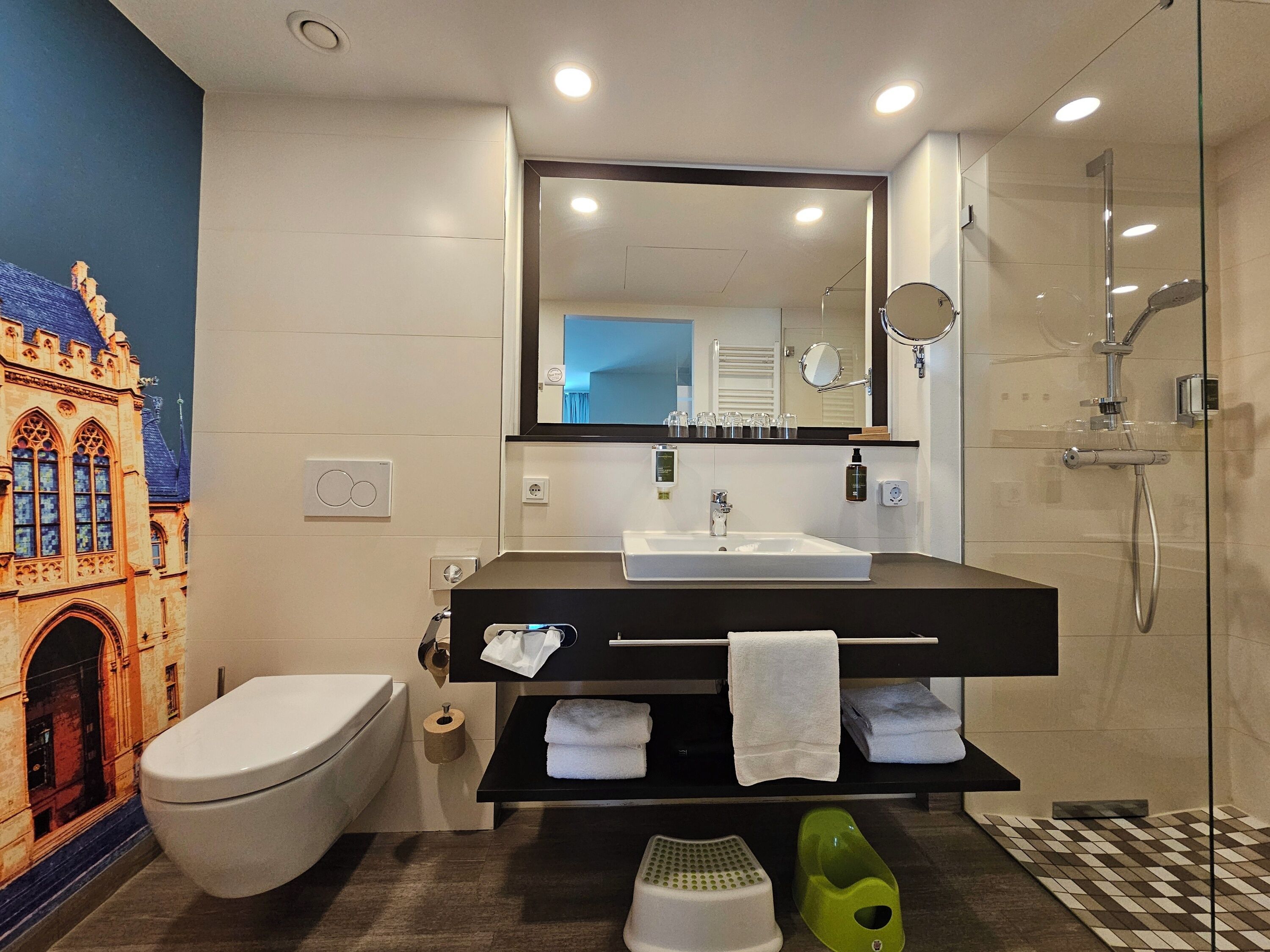 shower, eco-friendly toiletries, hair dryer, towels