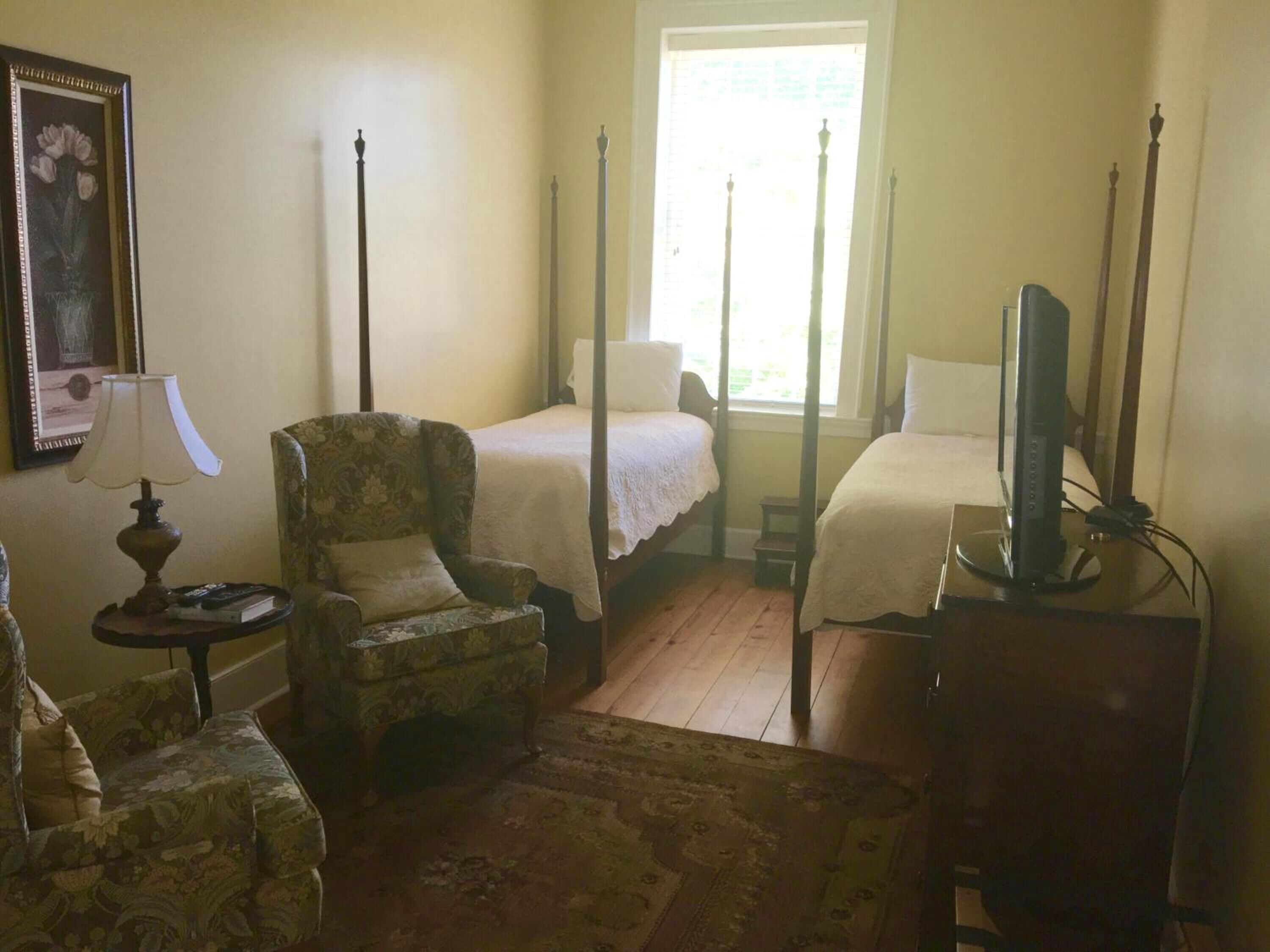 Une chambre avec deux lits simples, une chaise, un téléviseur, une lampe et un tableau encadré au mur.