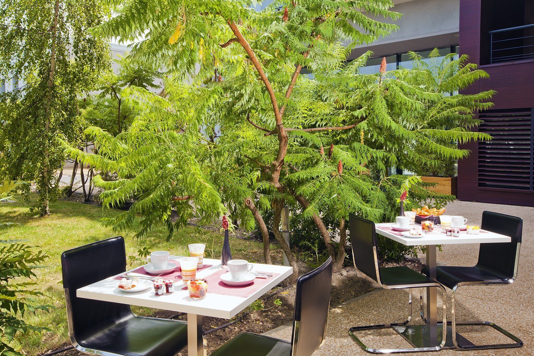 An outdoor café with tables and chairs, surrounded by lush greenery and a modern building in the background.