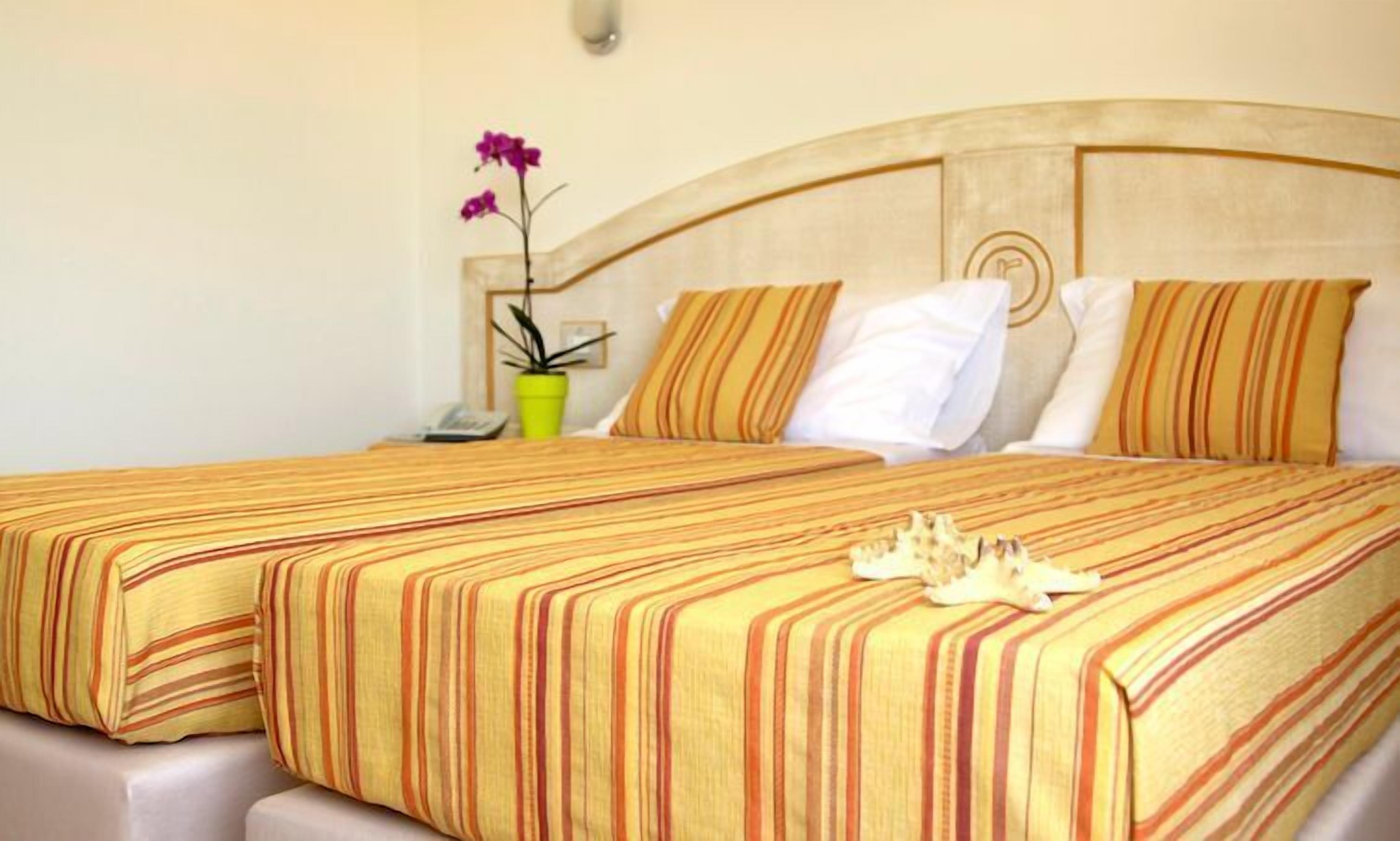 A double bed with striped bedding, a bedside plant, and a decorative object on the bed.