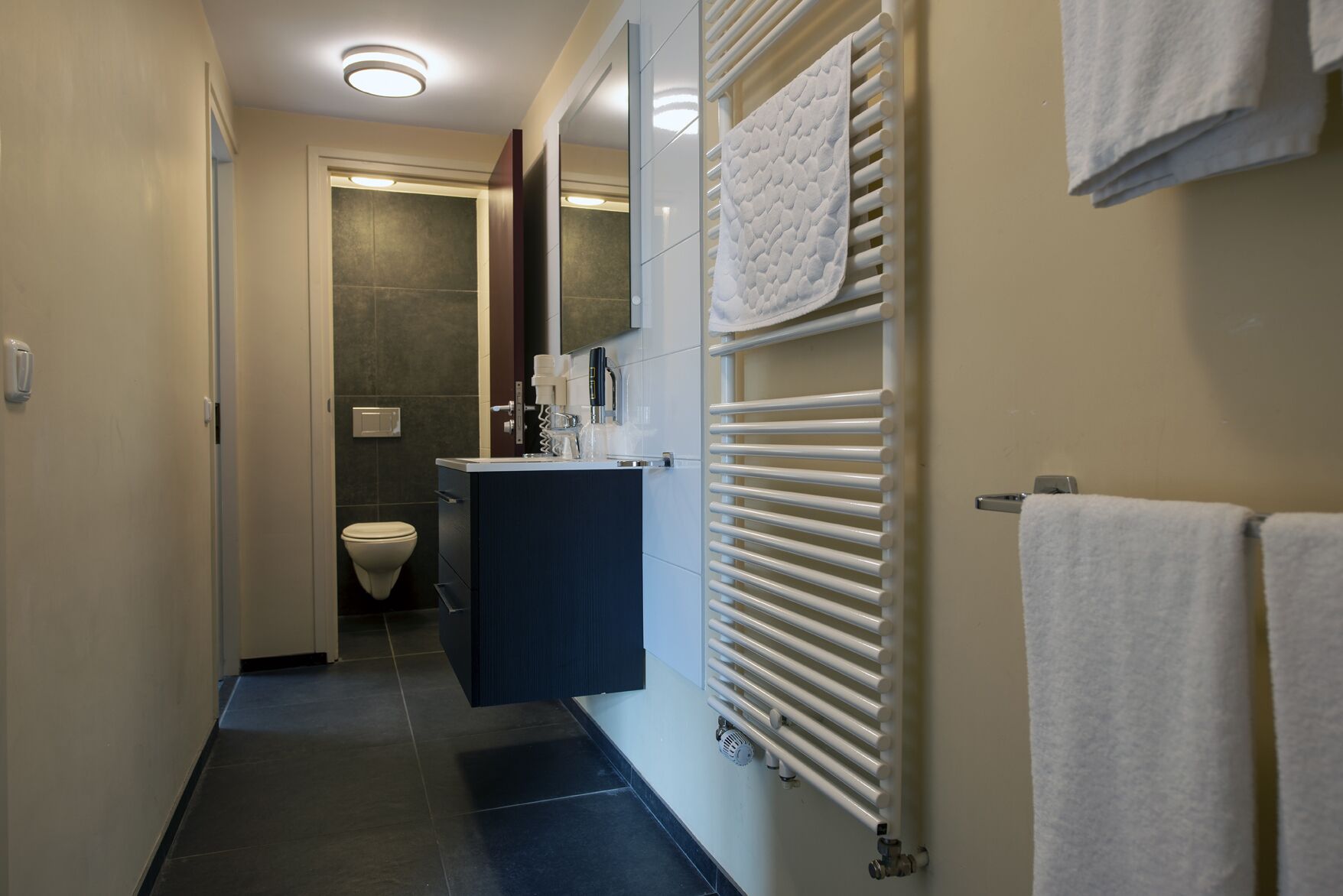 A modern bathroom with a dark floor, a white toilet, a dark blue vanity, and a white towel rack.