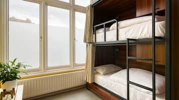 A bunk bed room with a large window, a radiator, and a potted plant.
