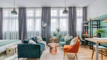 1 bedroom, premium bedding, blackout curtains, iron/ironing board
