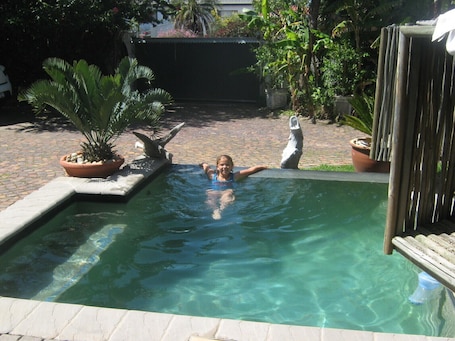 Una piscina al aire libre, sombrillas, sillones reclinables de piscina