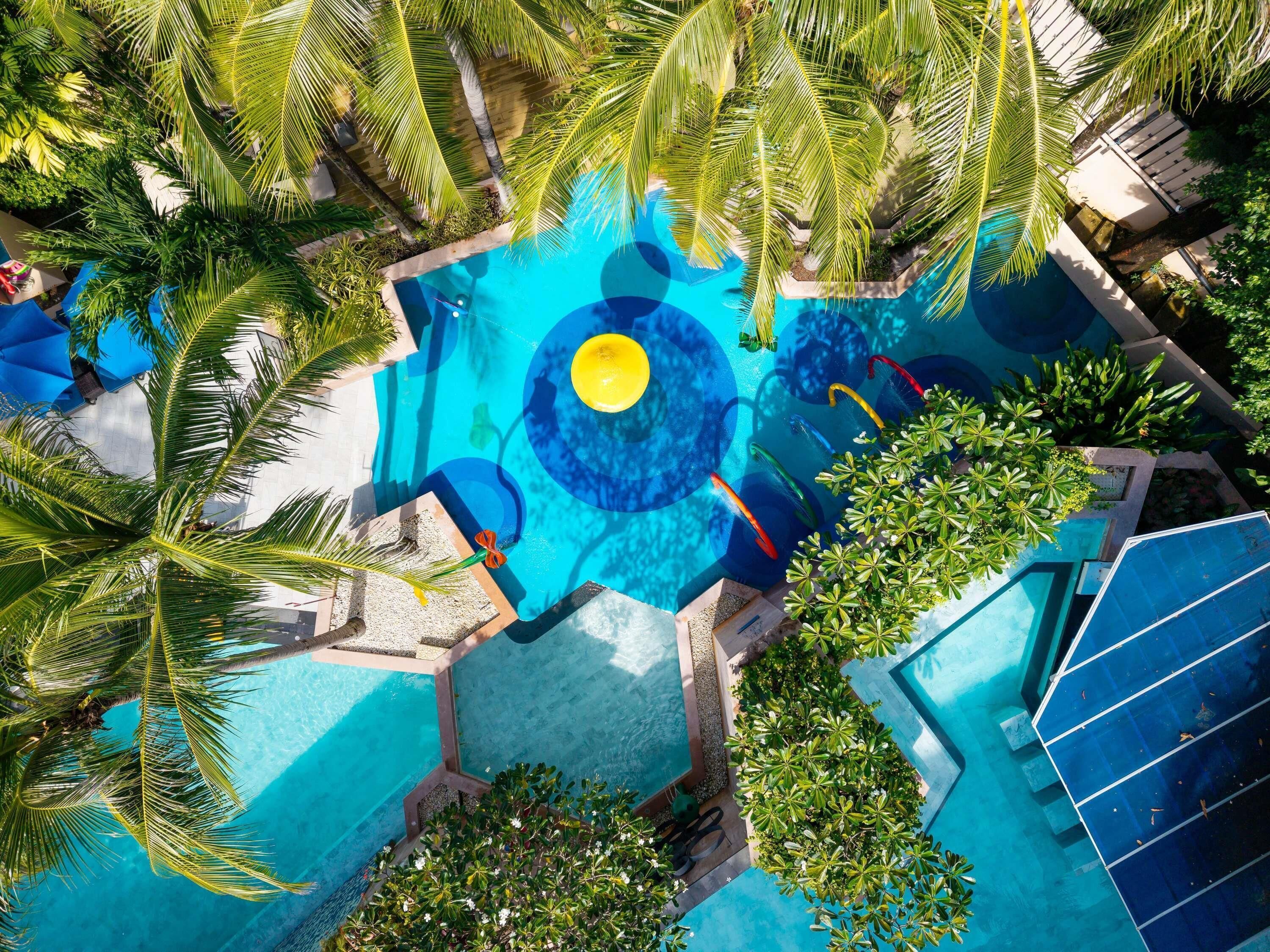 An aerial view of a swimming pool surrounded by palm trees and a blue mural.