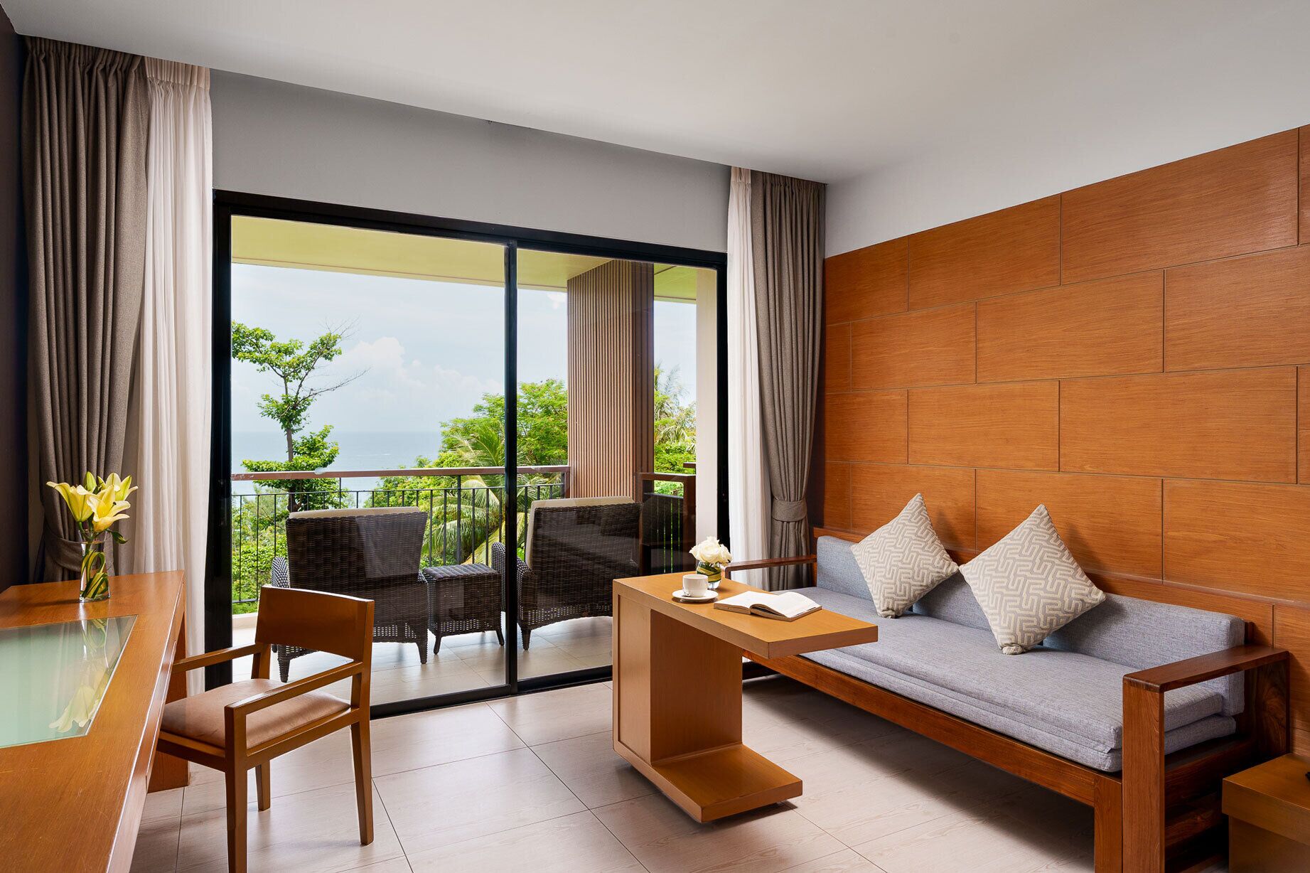 deluxe room, 1 king bed, balcony, sea view | living area | 42-inch lcd tv with satellite channels, tv, table football