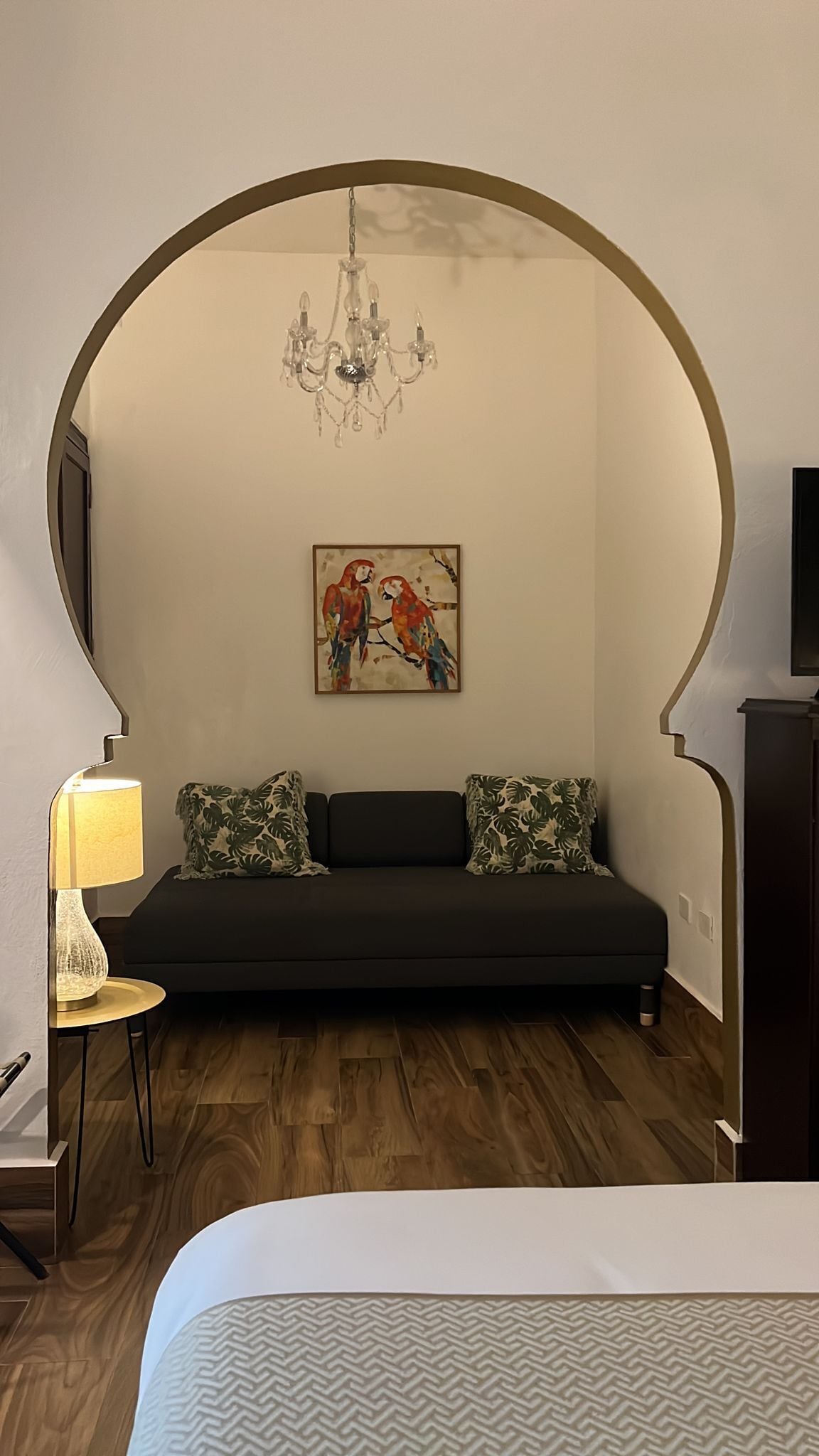 A modern room with a large arched doorway, a black sofa with patterned cushions, a chandelier, a painting of parrots, and a television on a cabinet.
