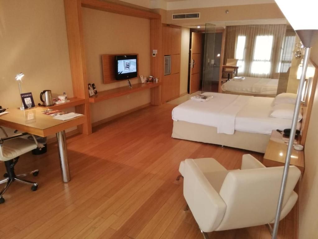 A hotel room with a bed, a desk, a chair, a television, and a bedside table.