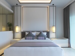 Habitación Deluxe, vista a la alberca | Ropa de cama de alta calidad y minibar 