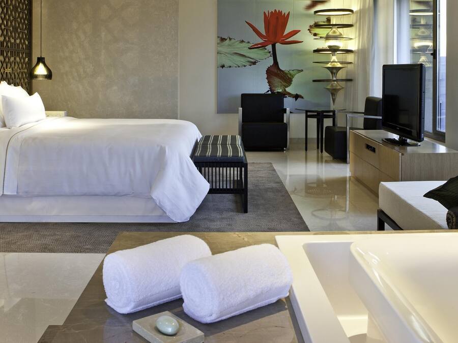 Una habitación de hotel moderna con una cama grande, un escritorio, una silla, un televisor y una bañera.