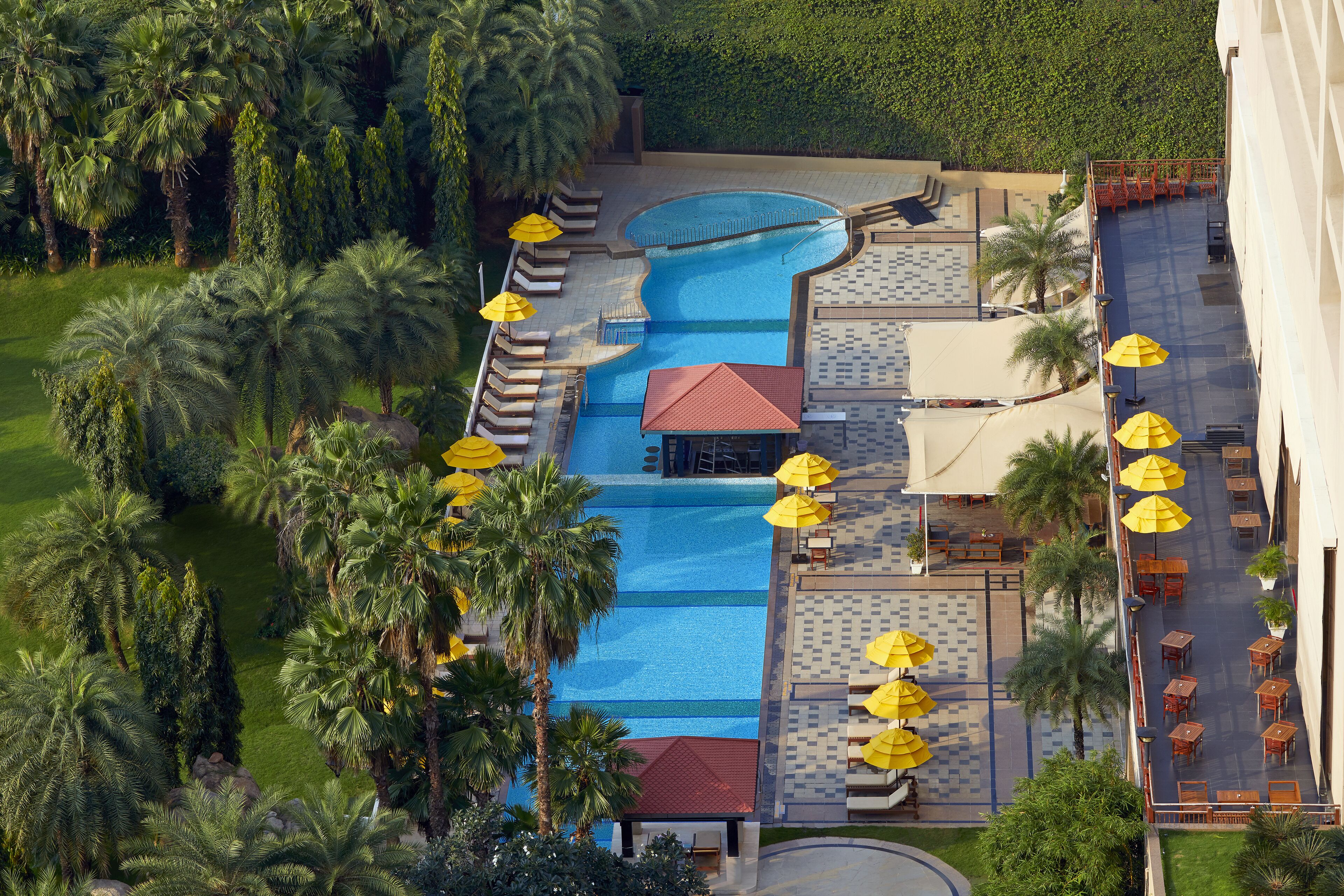 Vue aérienne d’un complexe hôtelier doté d’une piscine centrale, entouré de palmiers et d’espaces de détente en plein air agrémentés de parasols.