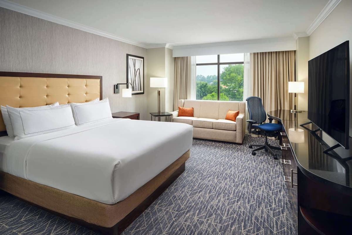 A hotel room with a large bed, a sofa, a desk with a TV, and a chair.