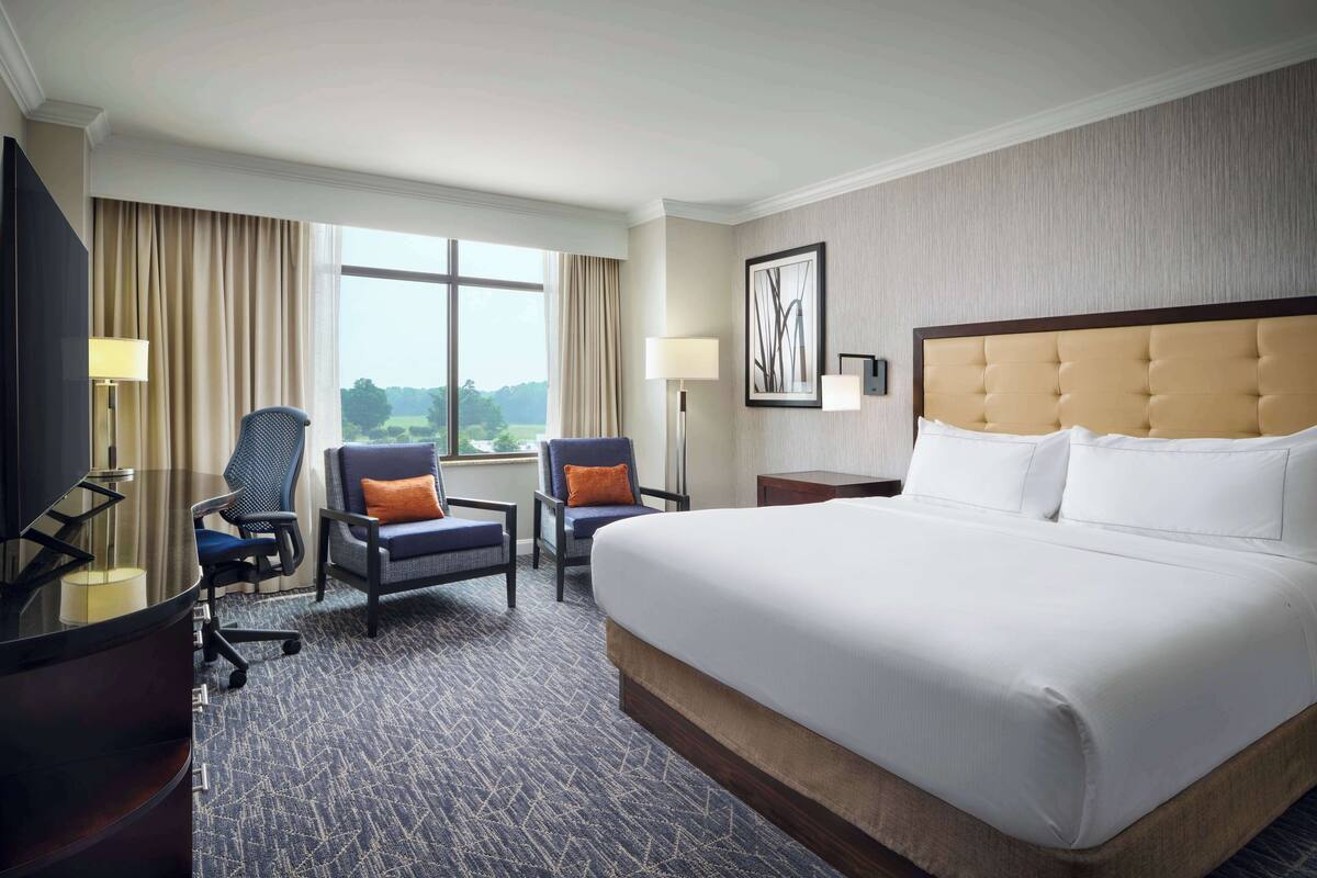 A hotel room with a large bed, two armchairs, a desk, and a view of the outdoors.