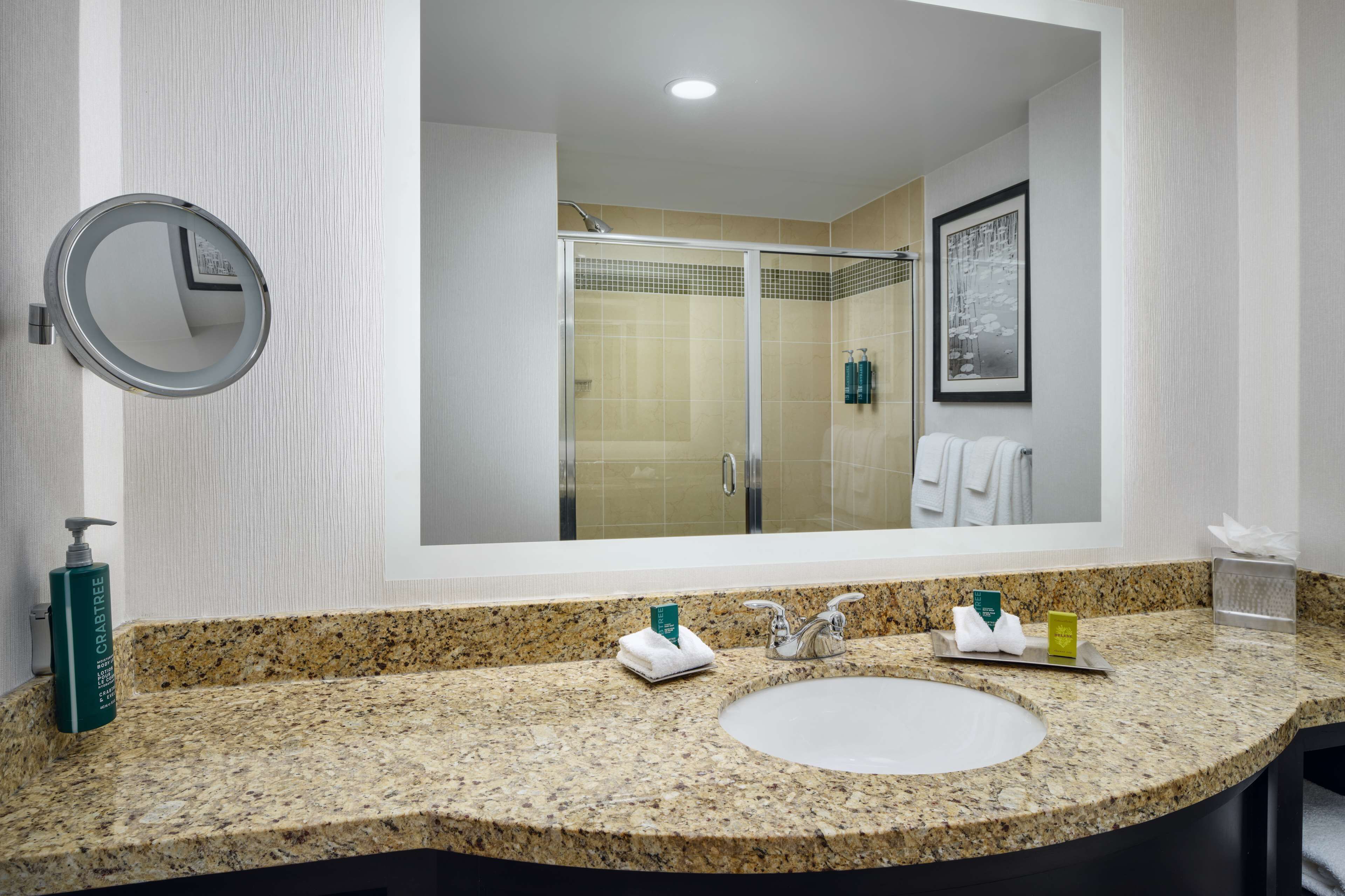 designer toiletries, hair dryer, towels, soap