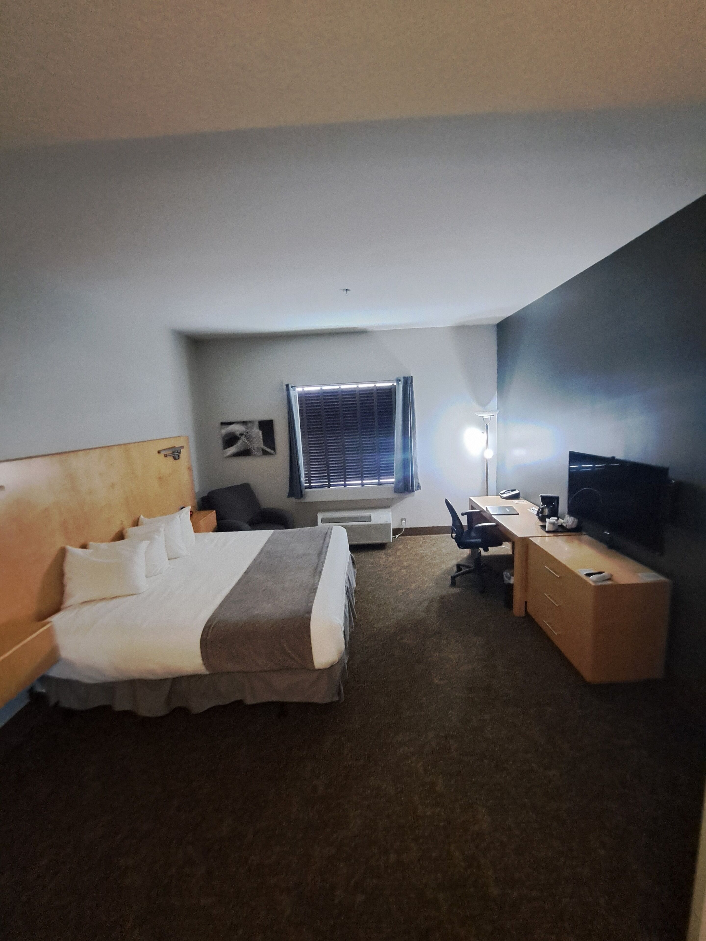 A hotel room with a bed, a desk, a chair, a television, and a window with blinds.