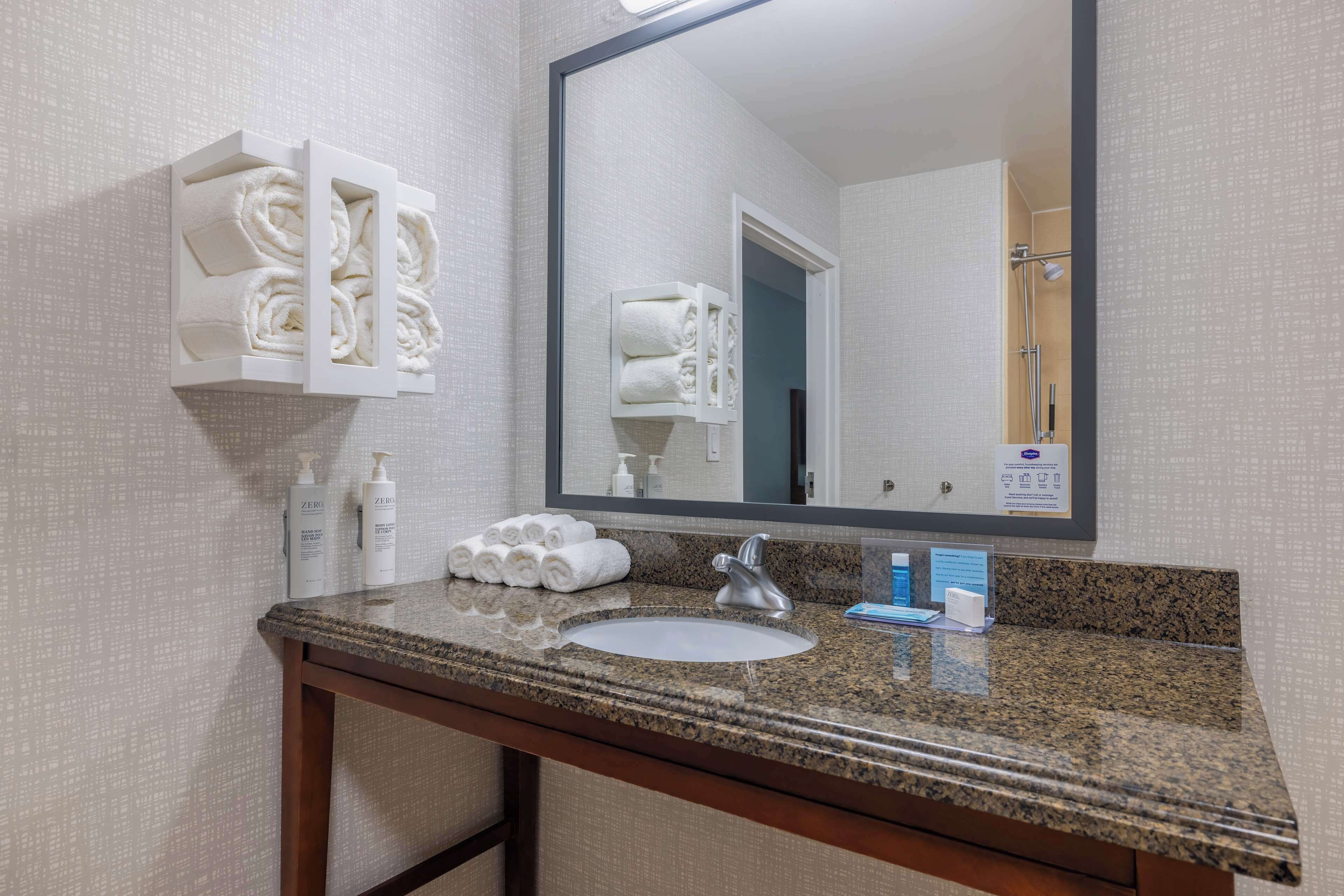 combined shower/bathtub, free toiletries, hair dryer, towels