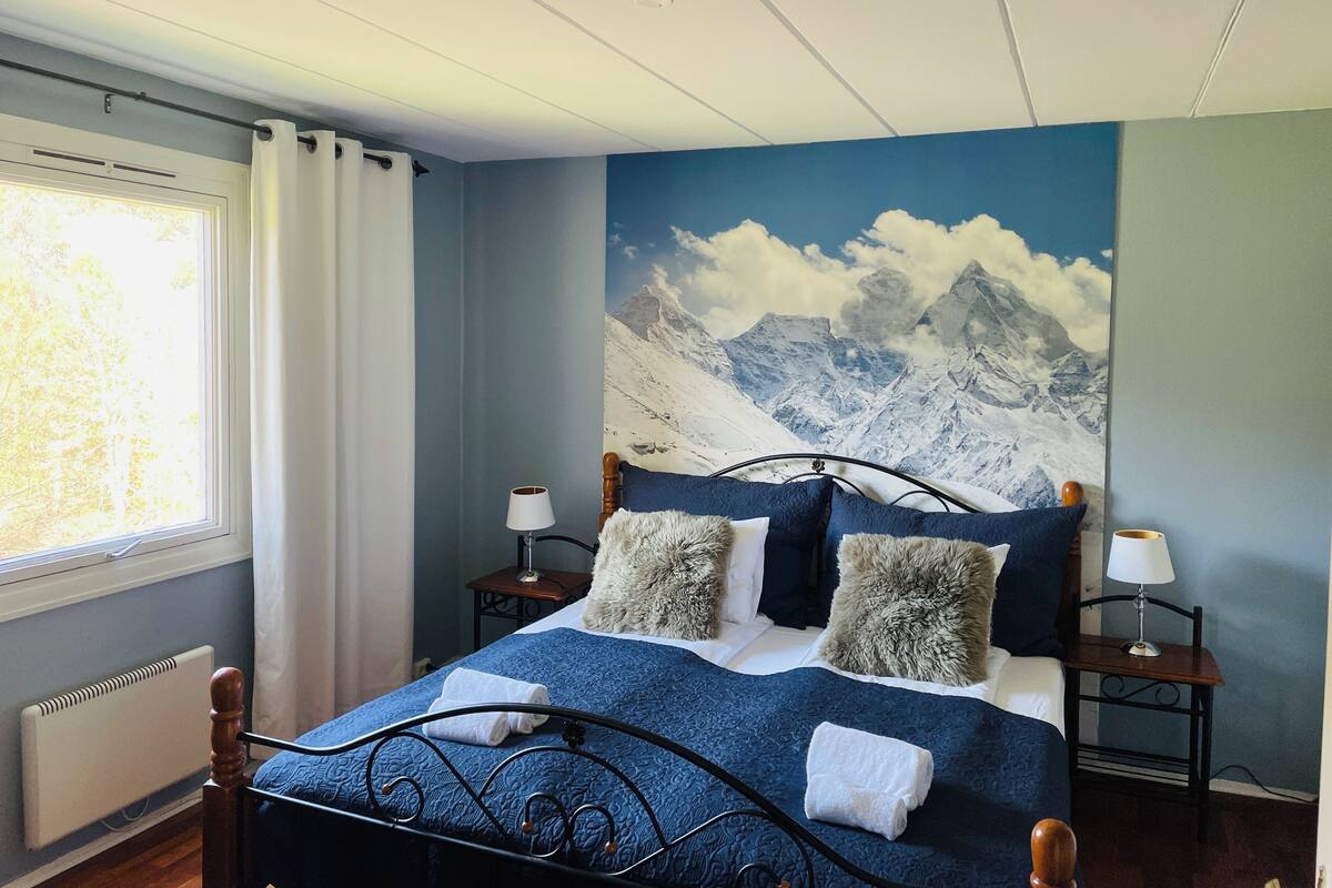 A bedroom with a mountain mural, a bed with blue bedding, two bedside tables with lamps, and a window with curtains.