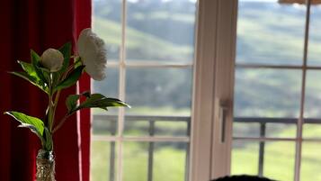 A vase with a flower on a windowsill.