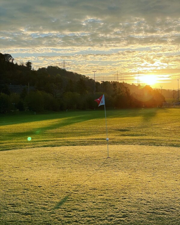 A golf course with a flag marking the 18th hole, surrounded by trees and power lines. - St. Fridolin (Bad Saeckingen)