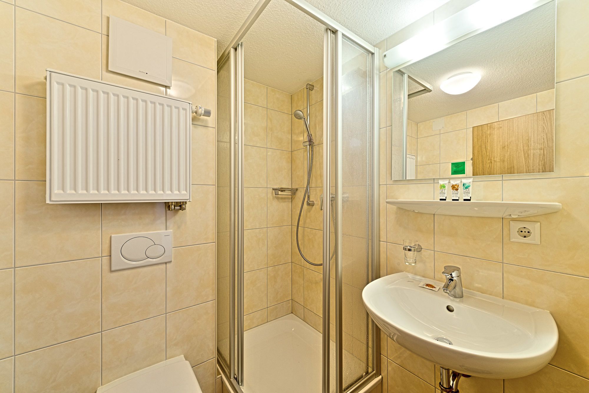 shower, free toiletries, hair dryer, towels