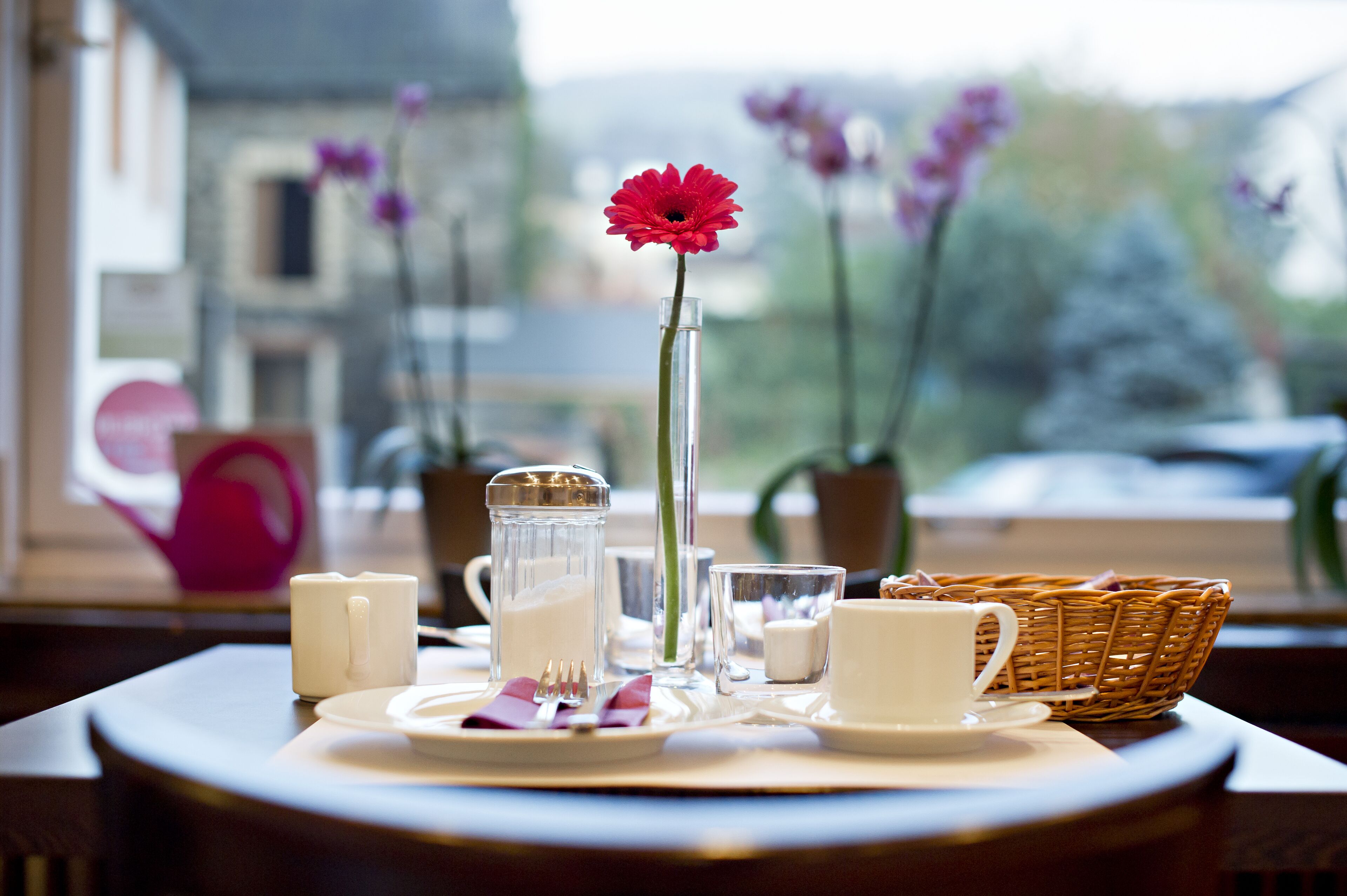 A breakfast setting with a table set for two, including plates, cups, a pitcher, and a vase with a single red flower.