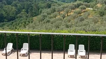 Vista de la piscina con una vista despejada de un paisaje exuberante, con árboles y un pueblo lejano.