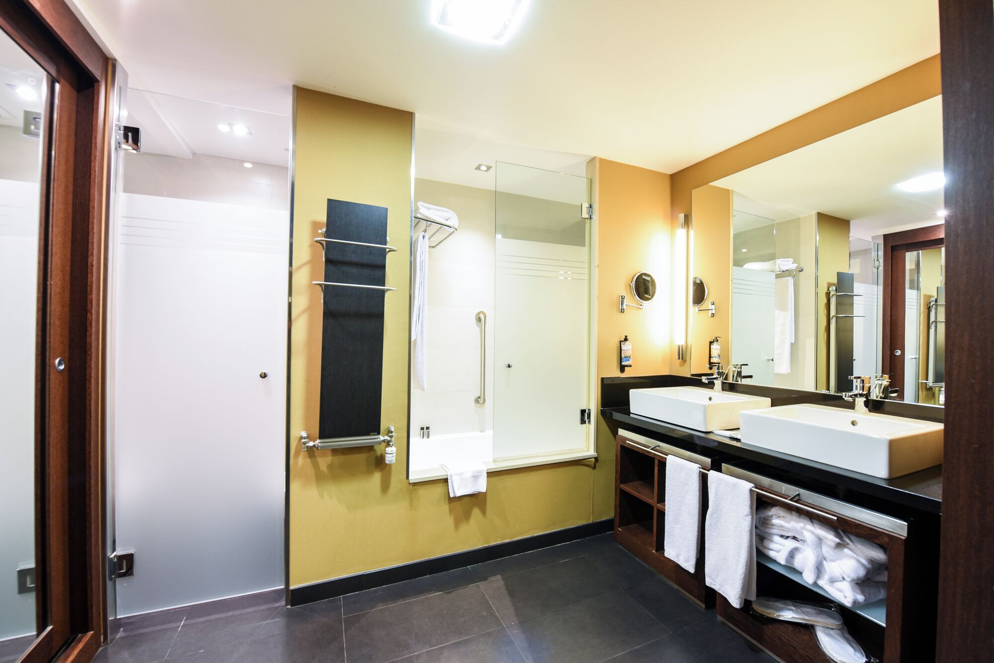 A modern bathroom with two sinks, a large mirror, and a towel rack.