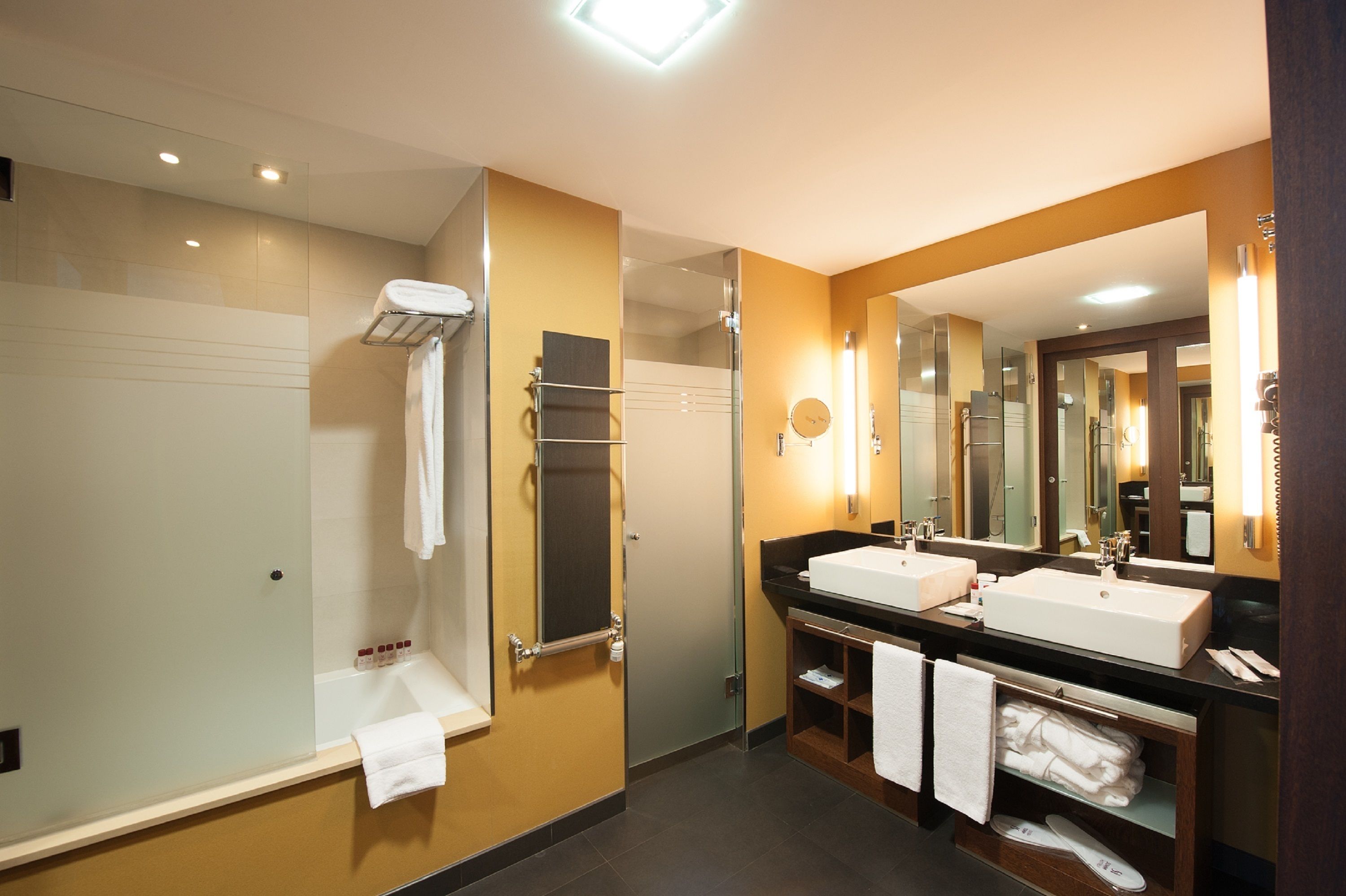 deep-soaking bathtub, free toiletries, hair dryer, bathrobes