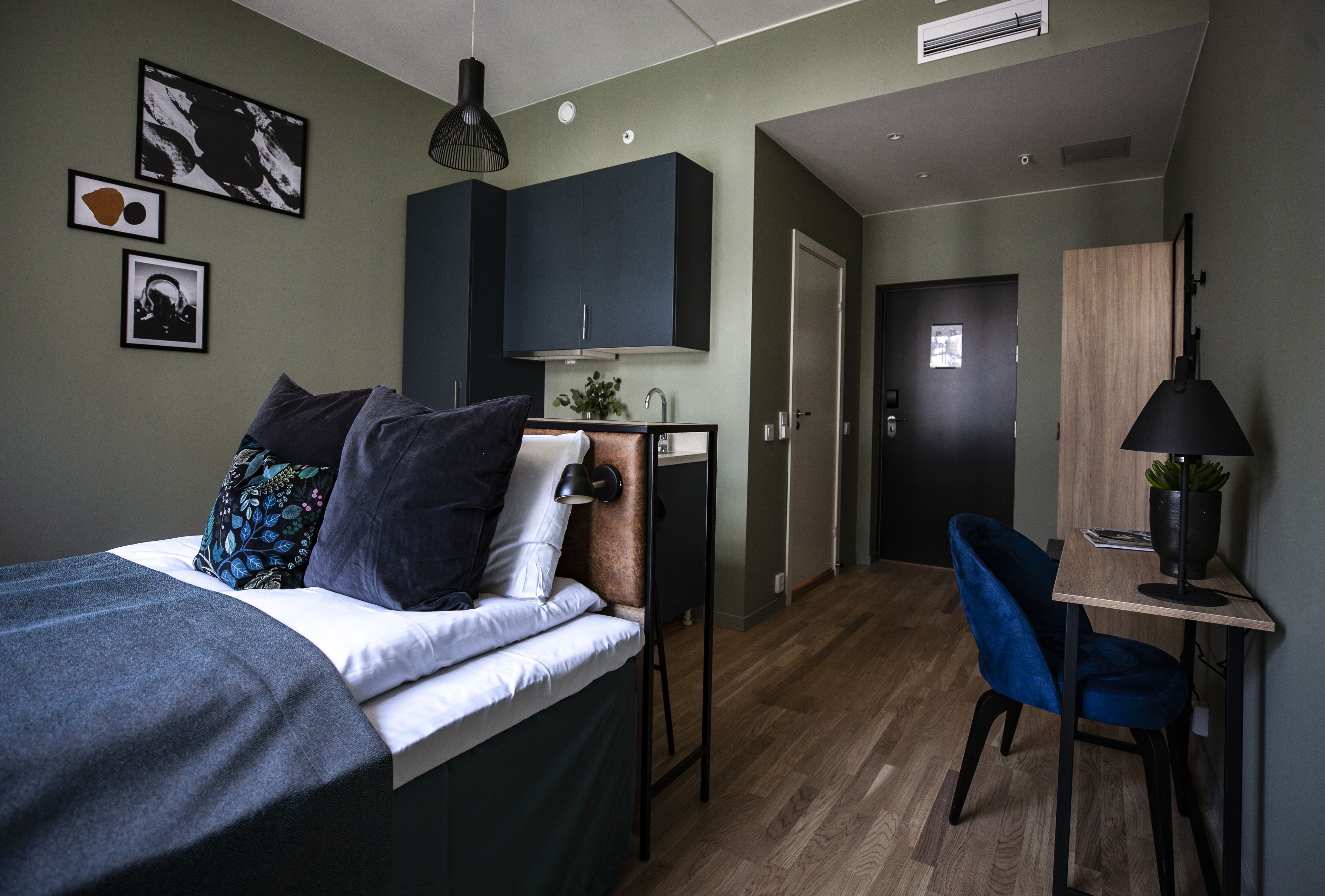 Un dormitorio moderno con una cama, un escritorio y una silla. Hay armarios, una planta y obras de arte en las paredes.