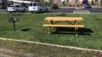 Un'area verdeggiante con un tavolo da picnic in legno, un barbecue e una cassetta delle lettere. Sullo sfondo, auto parcheggiate e un edificio con numerose finestre.