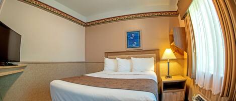 A hotel room with a bed, a nightstand with a lamp, a TV, and a window with curtains.