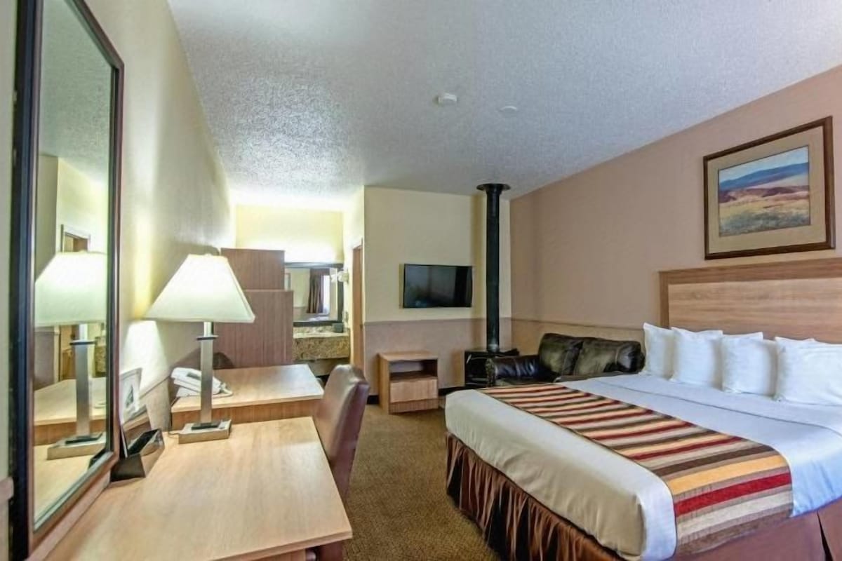 A hotel room with a bed, a desk, a chair, a TV, and a mirror.