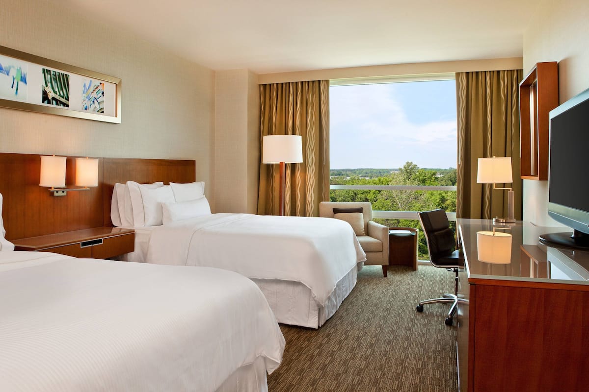 A hotel room with two beds, a desk, a chair, a TV, and a view of greenery.