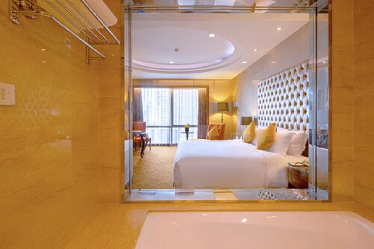 combined shower/bathtub, free toiletries, hair dryer, bathrobes