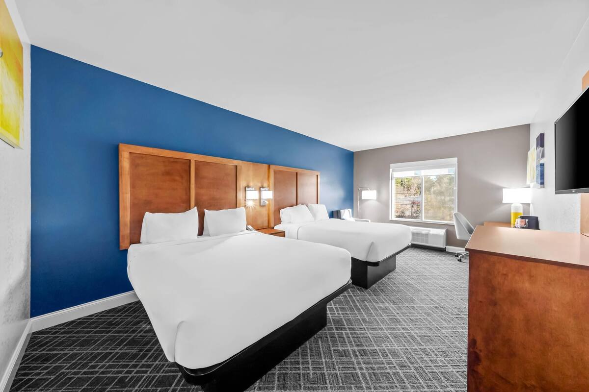 Standard Room, 2 Queen Beds, Non Smoking | In-room safe, desk, laptop workspace, iron/ironing board