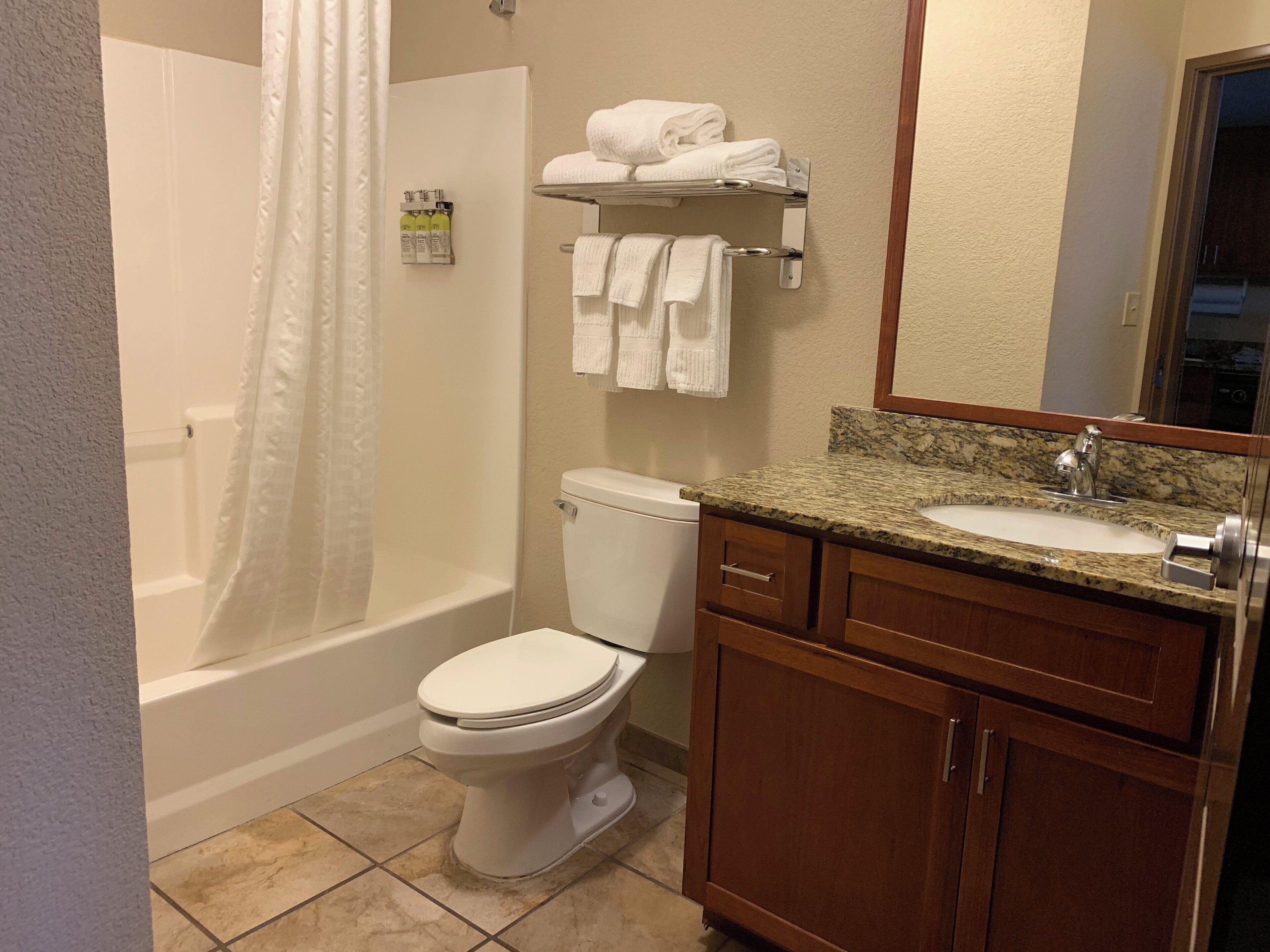 A bathroom with a toilet, sink, and shower area.