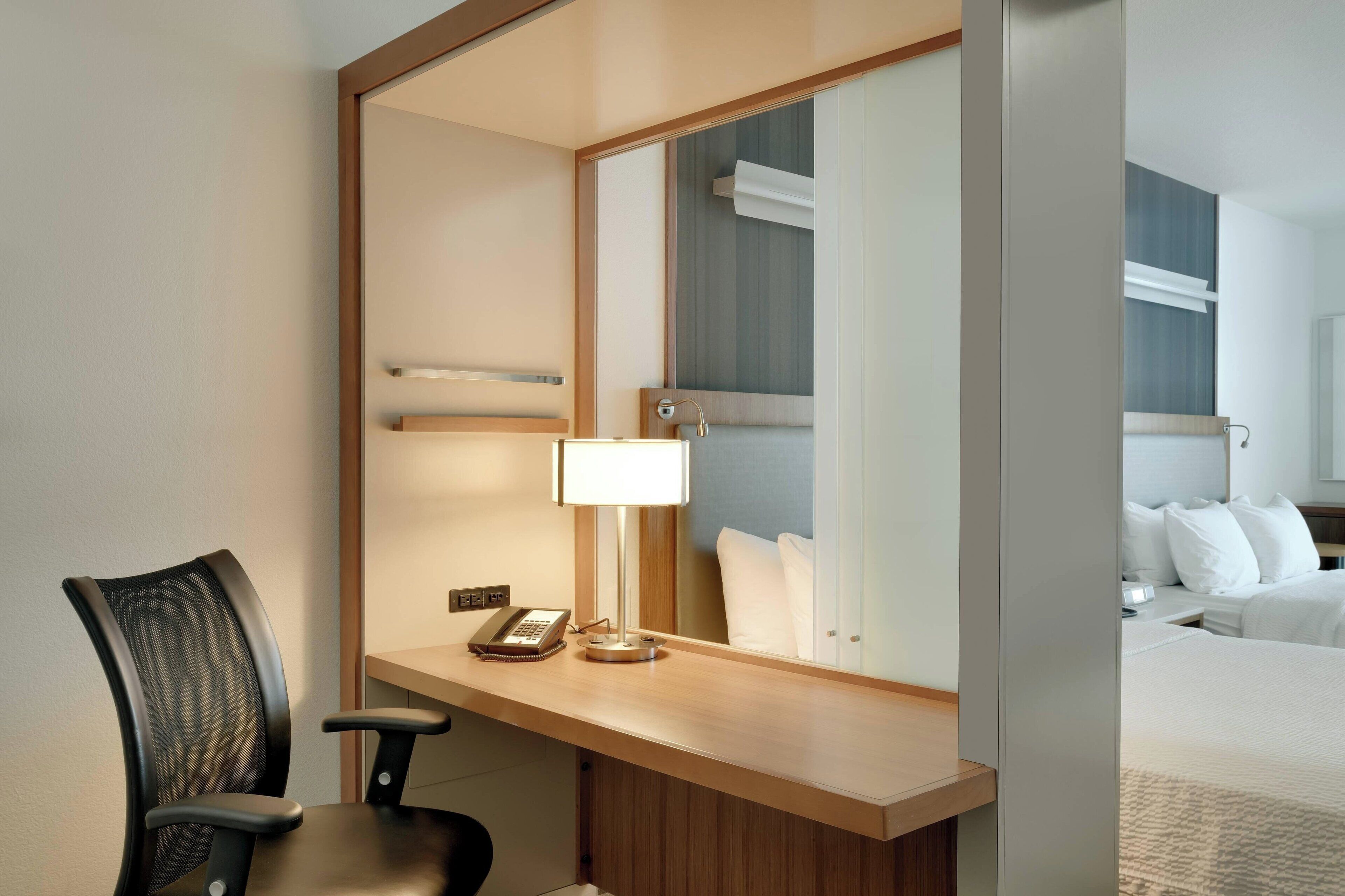 desk, laptop workspace, blackout curtains, iron/ironing board