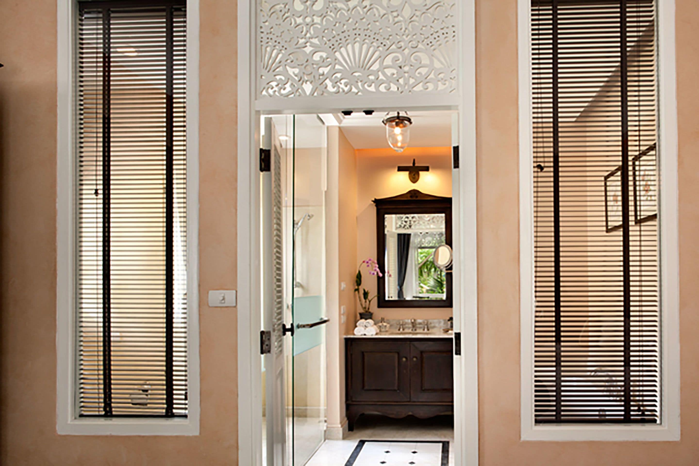 separate bathtub and shower, deep-soaking bathtub, designer toiletries