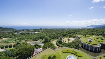 An aerial view of a landscaped area with buildings, pathways, and a body of water.