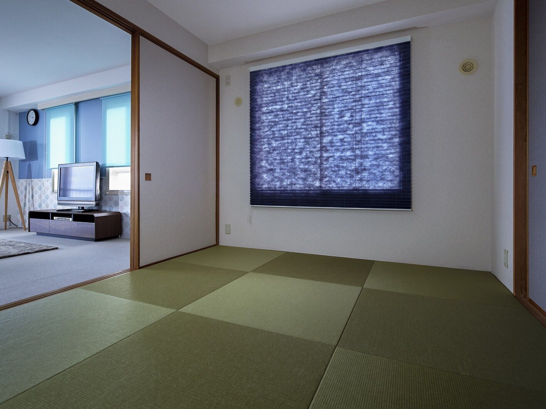 A room with tatami mats, a television on a cabinet, and a large window with blinds.