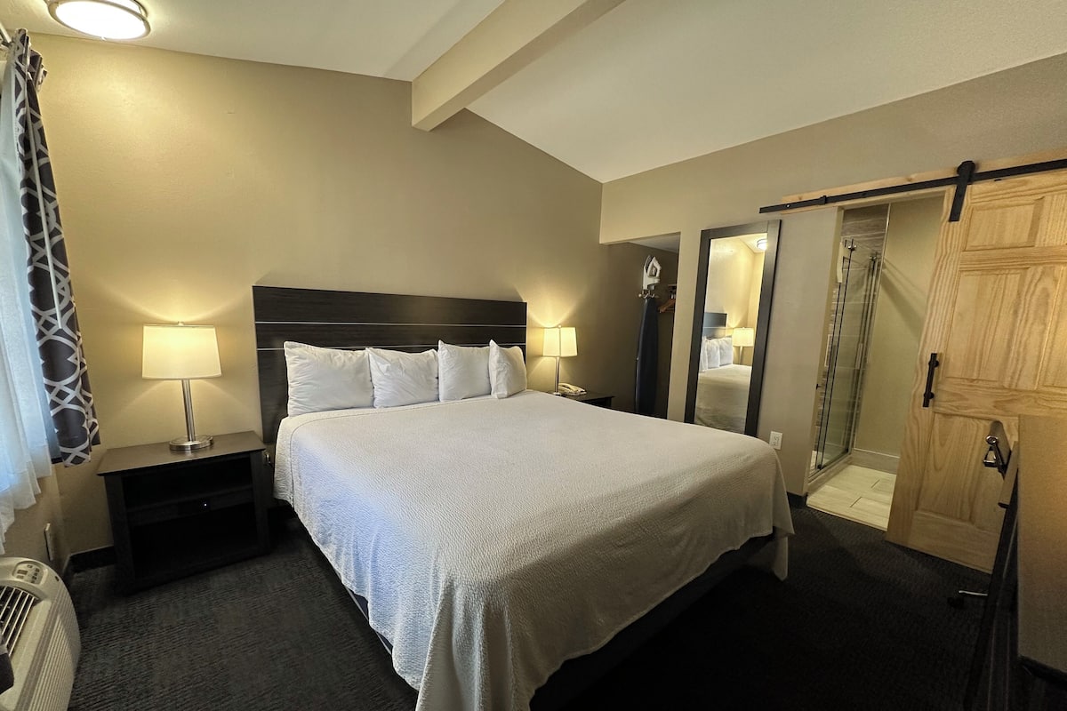Een hotelkamer met een groot bed, nachtlampjes, een spiegel, een kledingkast en een douche.