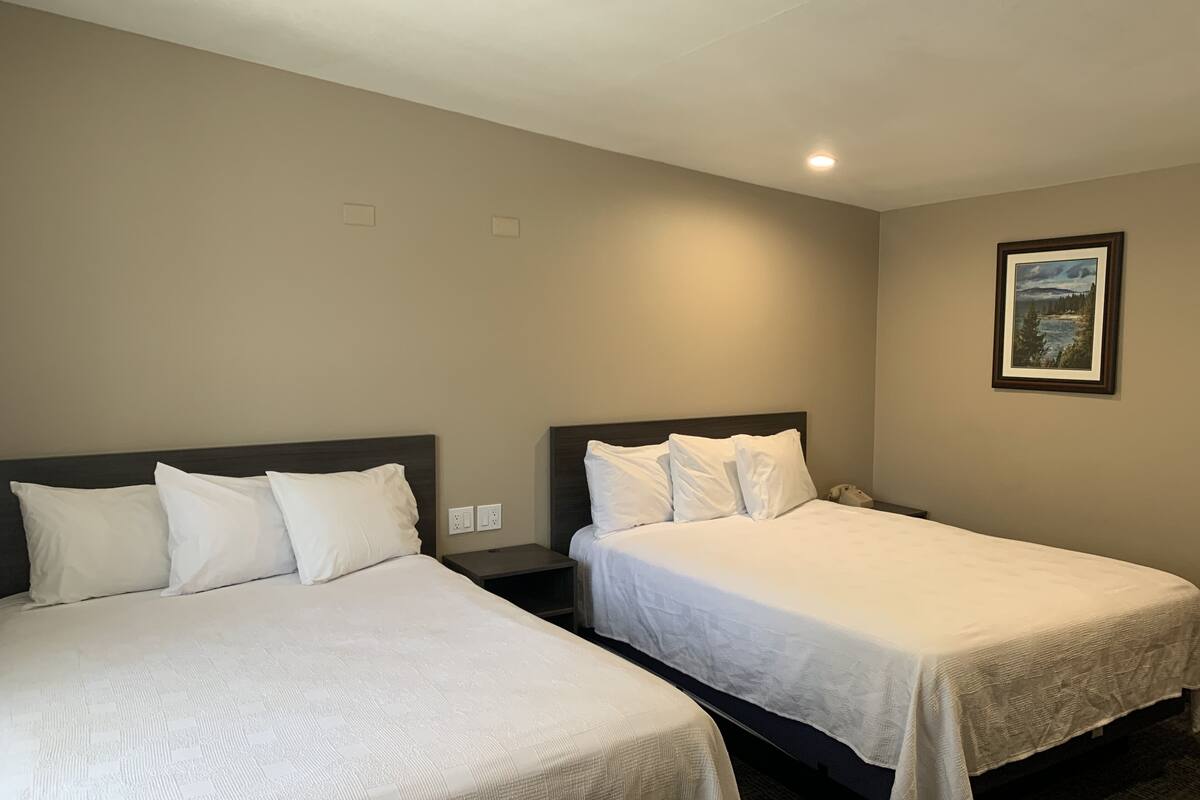 Een hotelkamer met twee bedden, een nachtkastje, een telefoon en een ingelijst schilderij aan de muur.