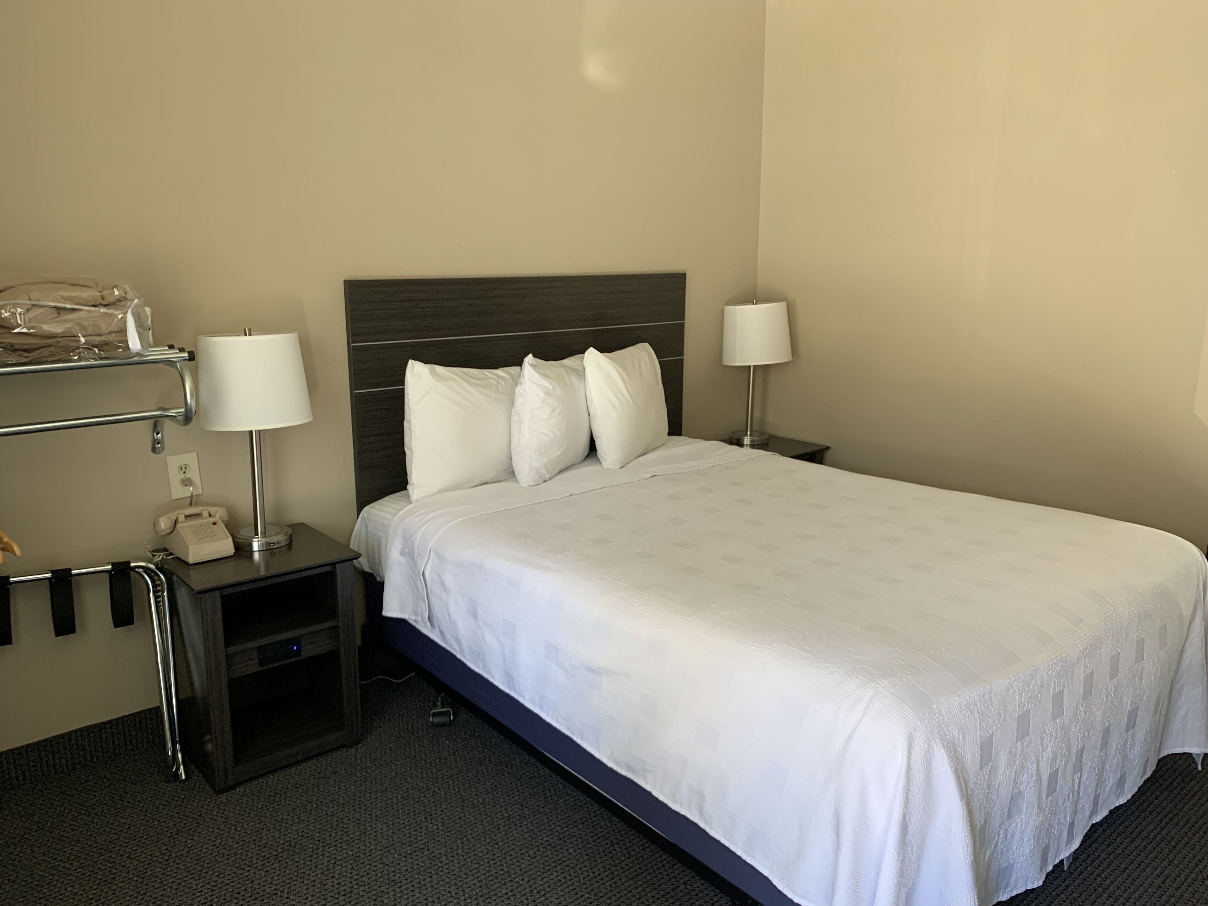 Een hotelkamer met een groot bed, twee nachtkastjes, een lamp op elk nachtkastje en een telefoon op een van de nachtkastjes.