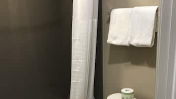 Une salle de bain avec une baignoire, des toilettes et un rideau de douche.